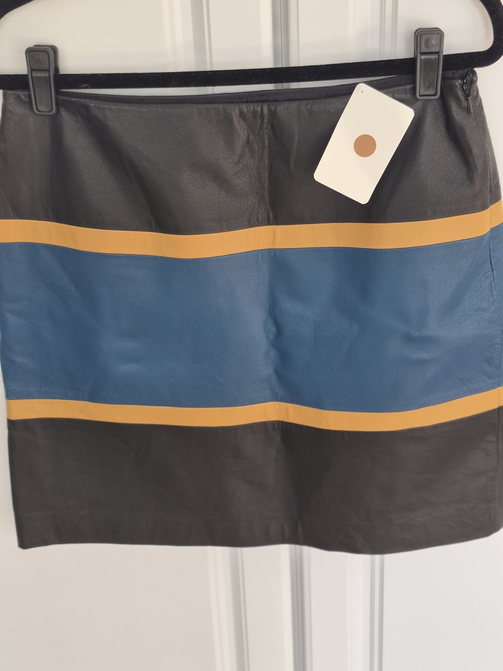 NWT Anne Klein Black, Teal & Gold Colorblock  Leather Mini Skirt, Size 8
